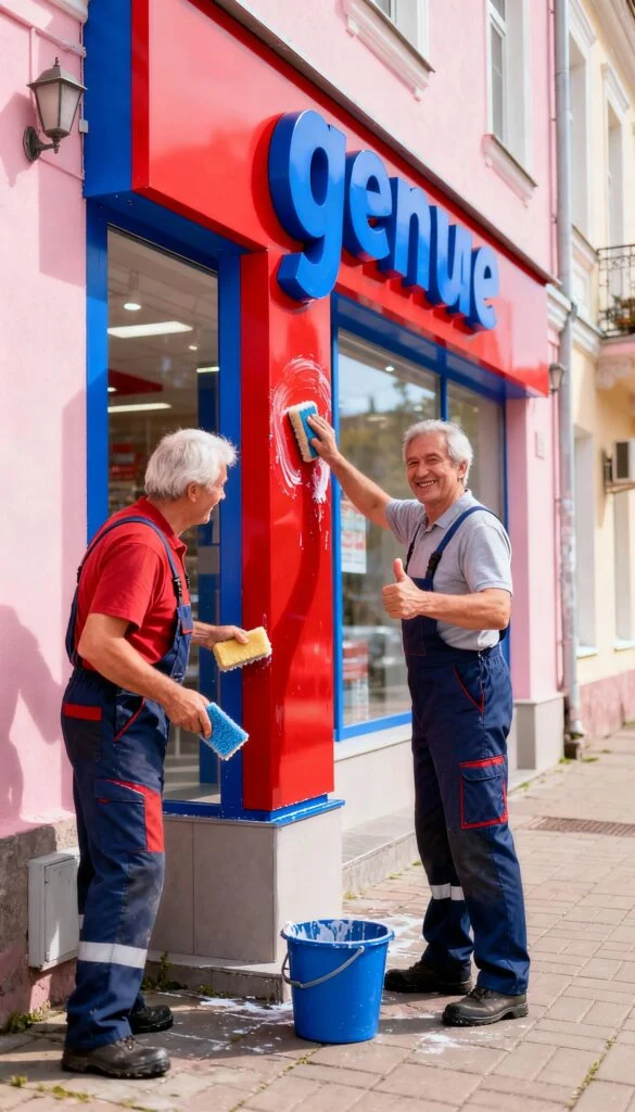 Professionelle Pflege von Werbeanlagen und Leuchtschildern Pflege und Reinigung eines Leuchtschildes an einer Ladenfassade in Deutschland