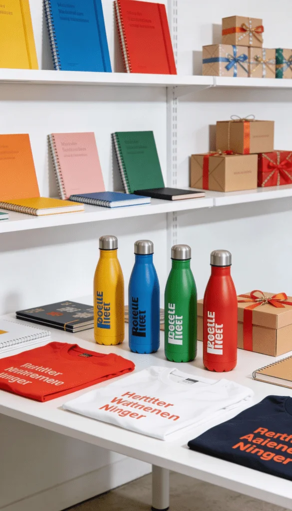 Personalisierte Werbeartikel wie Trinkflaschen, Textilien und Notizbücher für Mitarbeiterausstattung, Events und Markenauftritte.