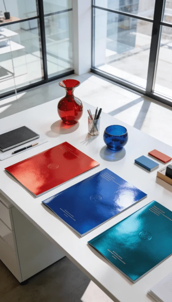 Premium Printmappen mit Spotlack und glänzenden Akzenten auf weißem Designertisch