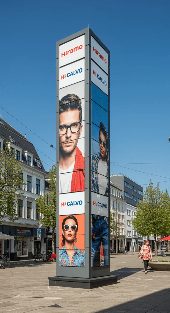 Freistehender Werbepylon mit beidseitig beleuchteten Werbeflächen als modernes Orientierungs- und Leitsystem im urbanen Raum